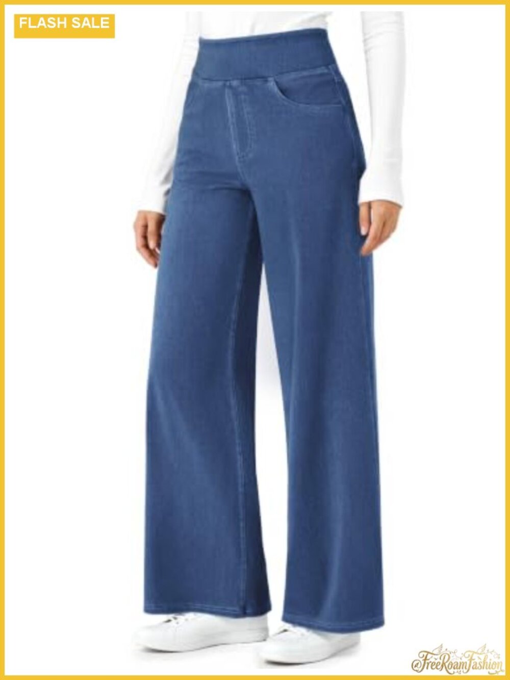 Wide Leg High Waisted Stretchy Denim Jeans Pull On Pockets